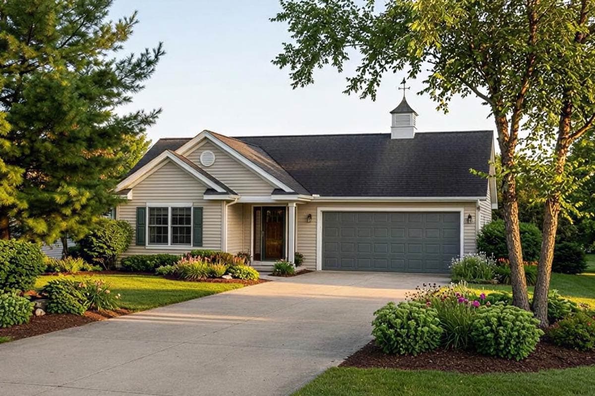 House plan exterior: One-story dwelling with a prominent gable, a covered entry, and a side-facing two-car garage.