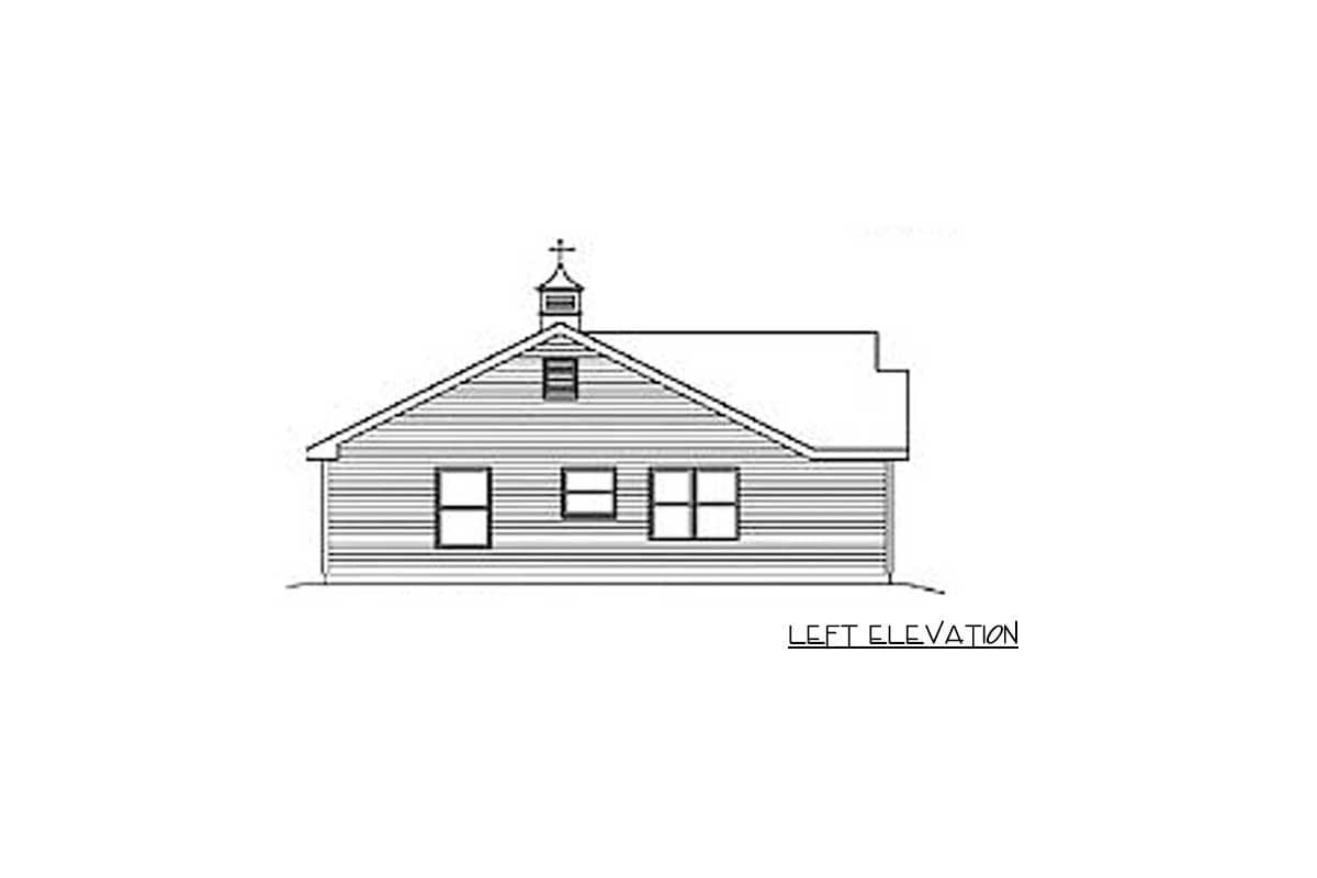 Left elevation drawing of a house plan with a steep gable roof, three windows, and a cupola with a cross.