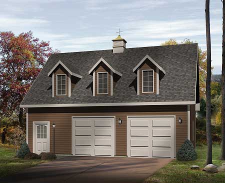 Two-story garage plan exterior with two double garage doors, dormer windows, and a cupola.