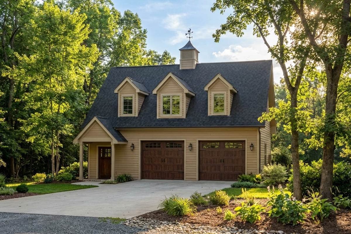 House plan exterior: Blue siding, two-car garage, prominent dormers, and a cupola.
