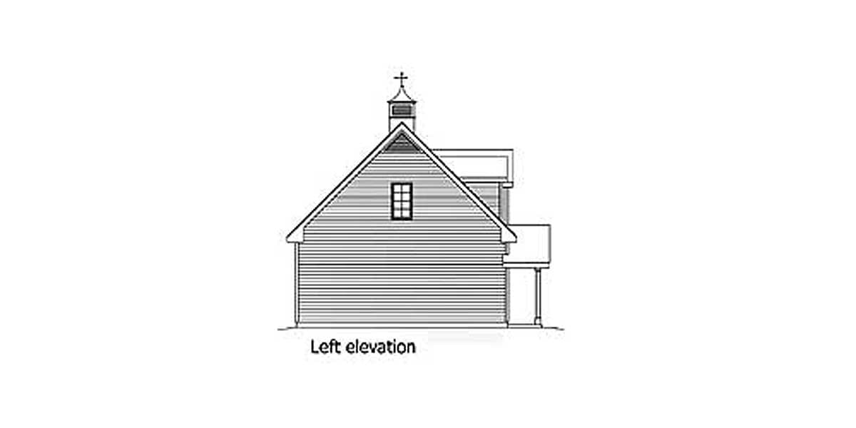 Left elevation drawing of a building with a steep gable roof, a small window, and a cupola with a cross.