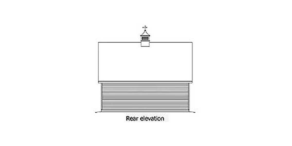 Rear elevation drawing of a house with a large gable roof and a cupola with a cross.