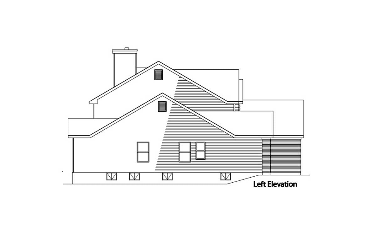 House plan left elevation showing a multi-story structure with a prominent chimney, gabled rooflines, dormer windows, and horizontal siding.