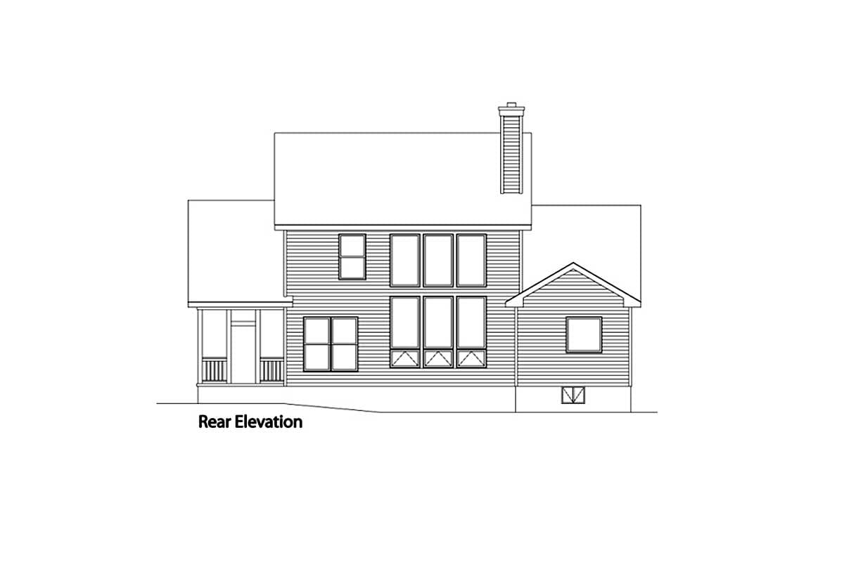 Rear elevation drawing of a two-story house plan featuring a covered porch, multiple window arrangements, and a chimney.
