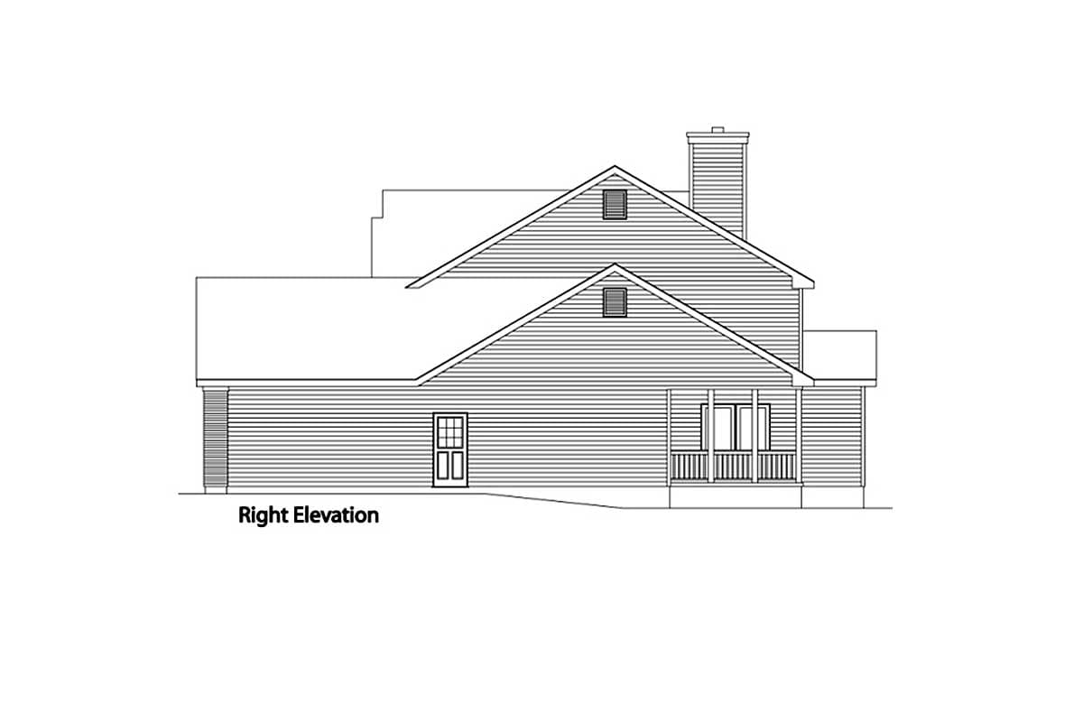 Right elevation house plan drawing showing a gambrel roof, dormers, chimney, front door, and porch.