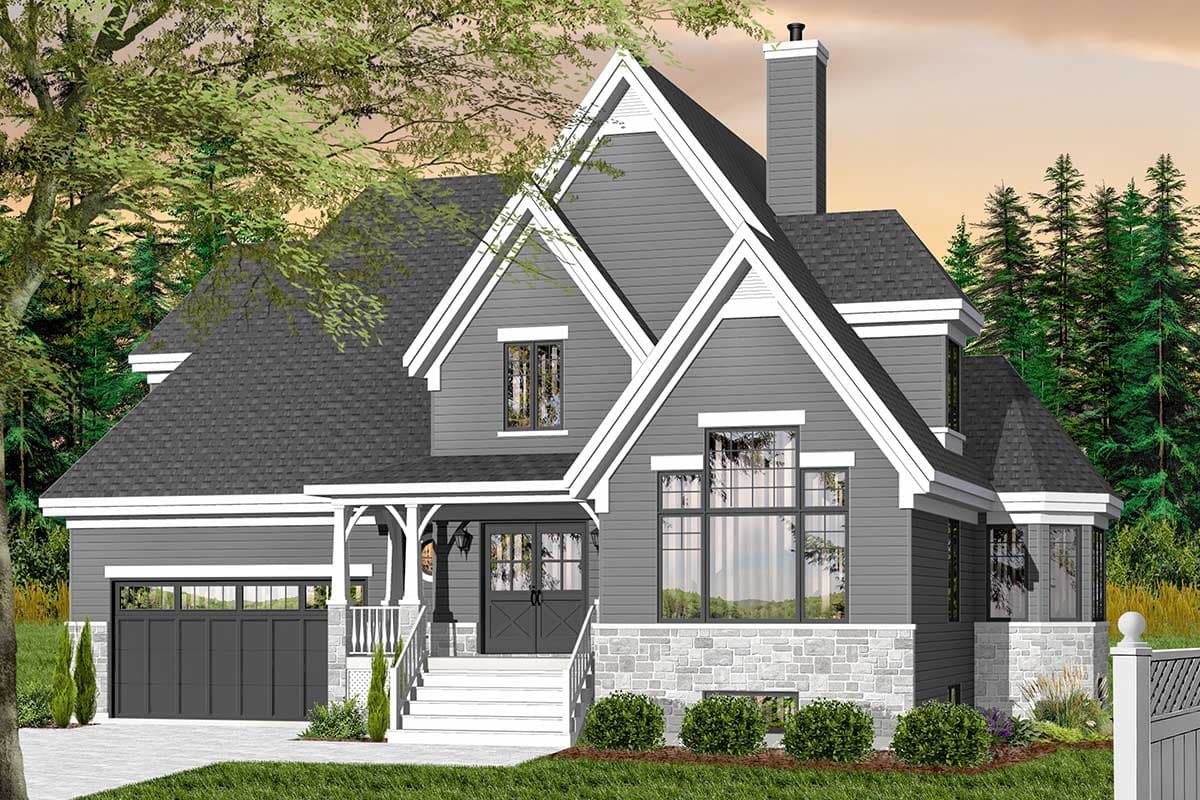 House plan exterior with a pitched roof, stone foundation, covered porch, prominent gables, and an attached garage.