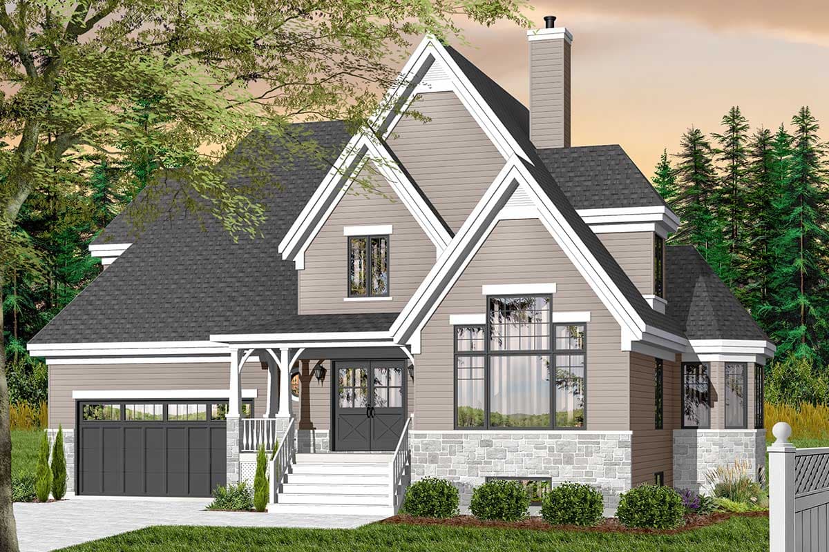 House plan exterior: Contemporary style, two stories, side-entry garage, prominent gables, stone foundation, covered entry porch.