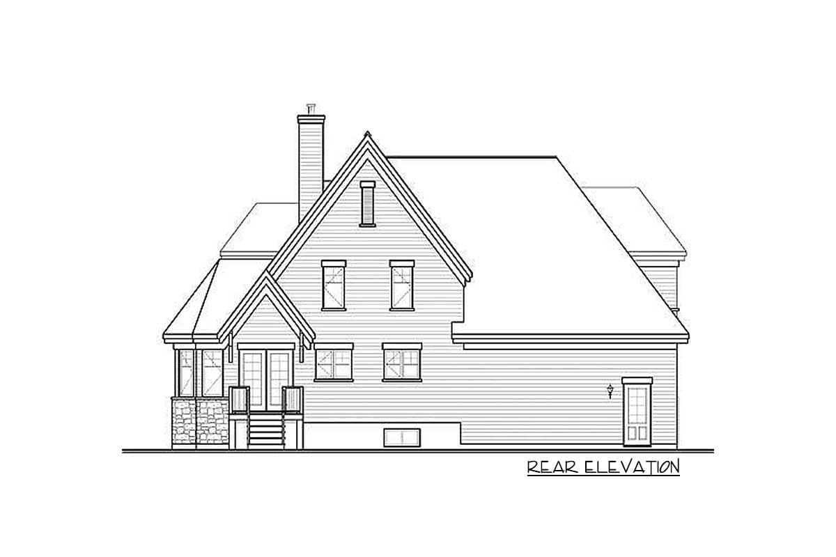 Rear elevation house plan drawing showing gabled roof, dormer, chimney, porch with stone base, and double door entry.