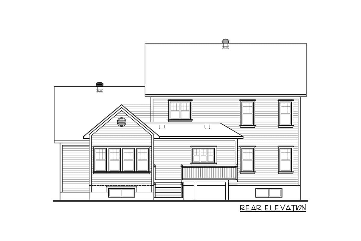 Rear elevation house plan showing two stories, gable with vent, multiple windows, and a small balcony.