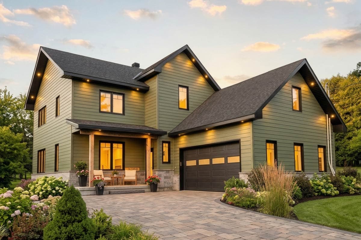 House plan exterior. Two-story Modern Farmhouse with gabled roof, front porch, and garage. Features include board and batten siding and stone accents.