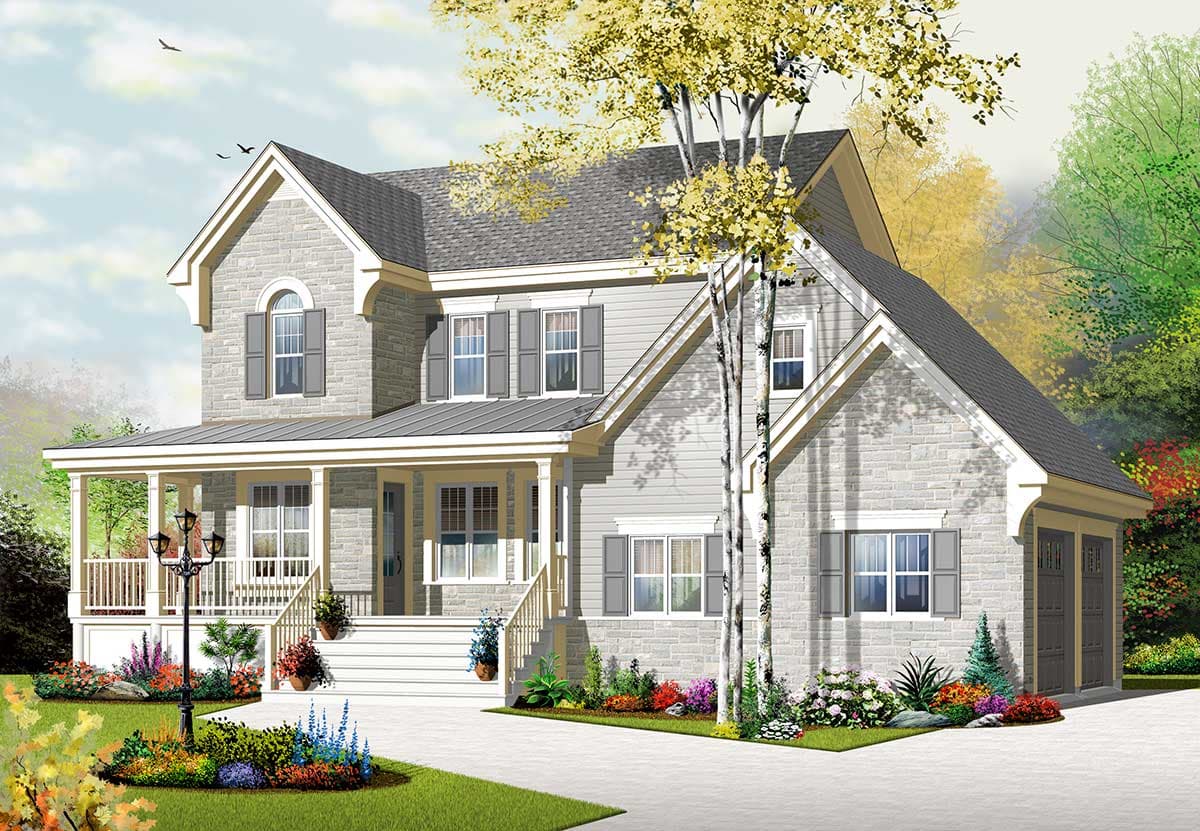 House plan exterior: Two-story home with stone and siding, wrap-around porch, gables, dormers, and a side-facing two-car garage.