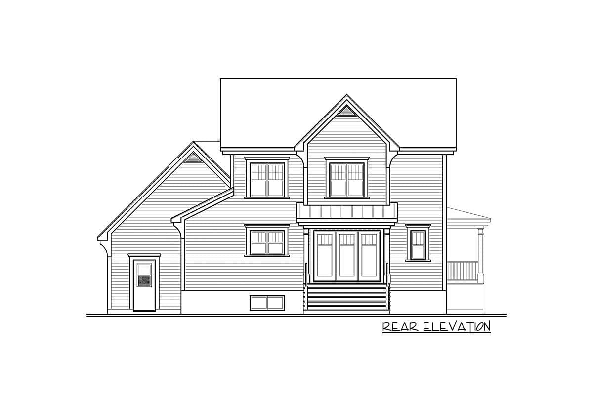 Rear elevation drawing of a two-story house with gables, double-hung windows, and a covered porch.