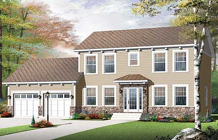 Two-story house plan exterior with attached three-car garage, stone foundation, and covered entry.