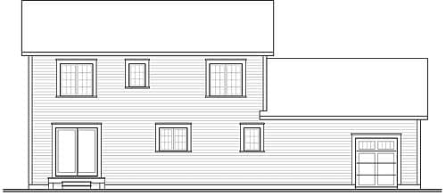 House plan elevation of a two-story home with sliding doors, multiple windows, and an attached garage.