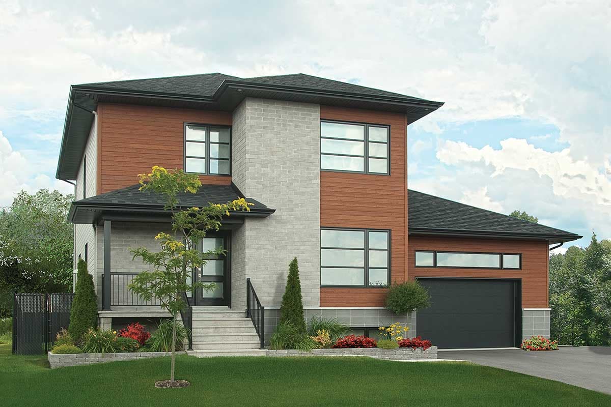 Two-story house plan exterior with a modern design featuring a front porch, a contrasting brick facade, and a two-car garage.