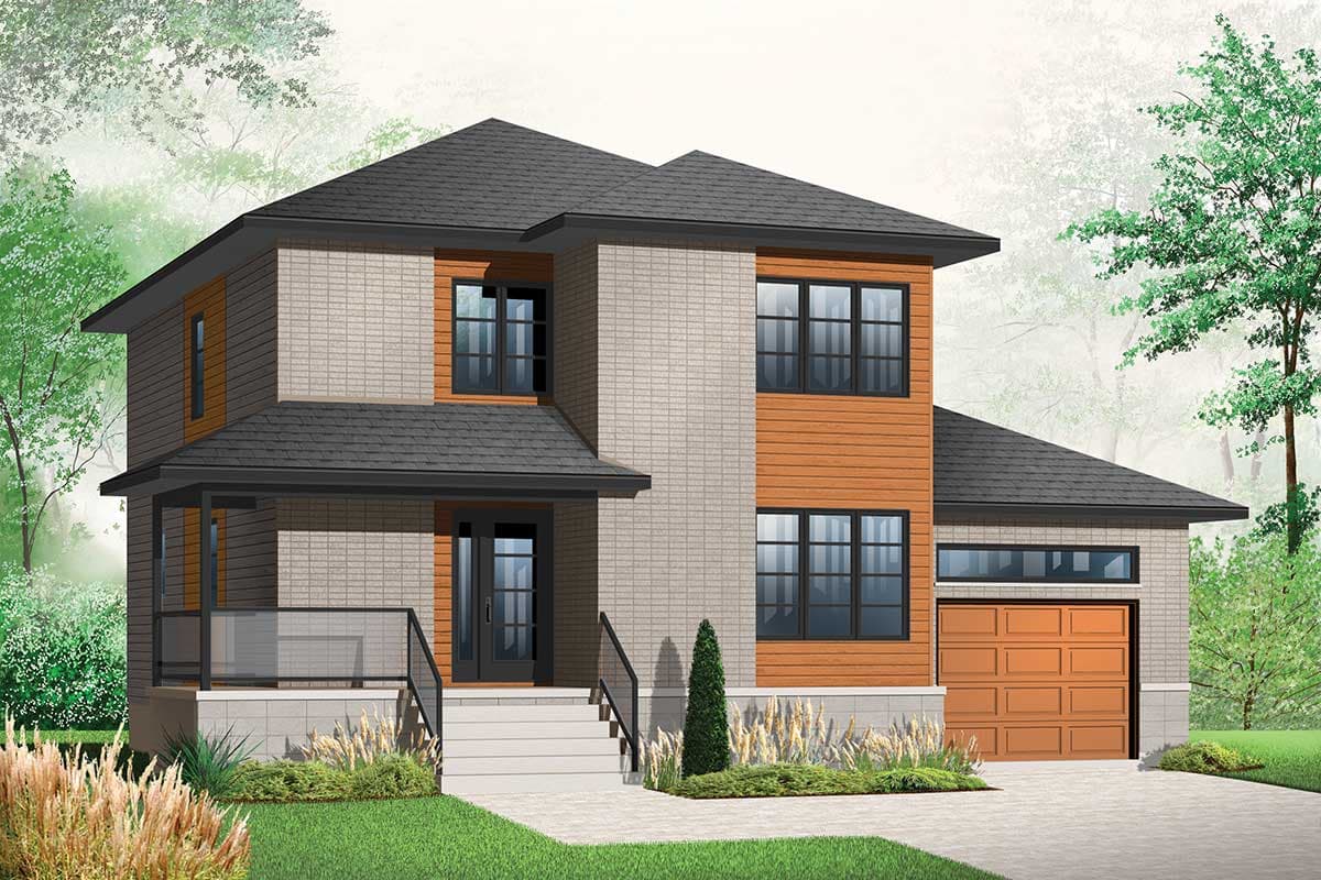 Two-story modern house plan exterior with brick and wood siding, multiple gables, glass-paneled porch railing, and side-entry garage.