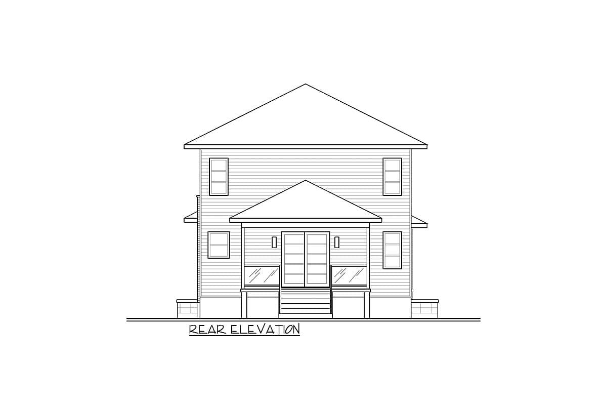 Rear elevation drawing of a two-story house plan with siding, double doors, porch, and multiple windows.