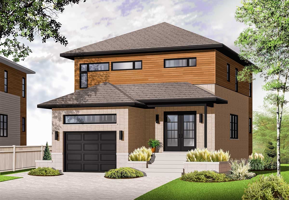 House plan exterior: Two-story home with brick lower level, wood siding upper level, gable roof, attached garage, and modern windows.