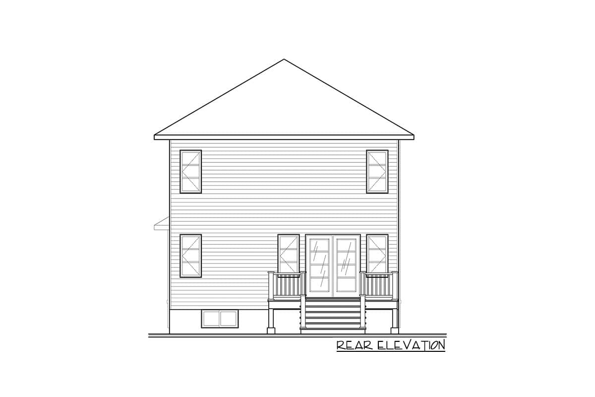 Rear elevation of a two-story house plan showing double doors, small decks, and multiple windows.