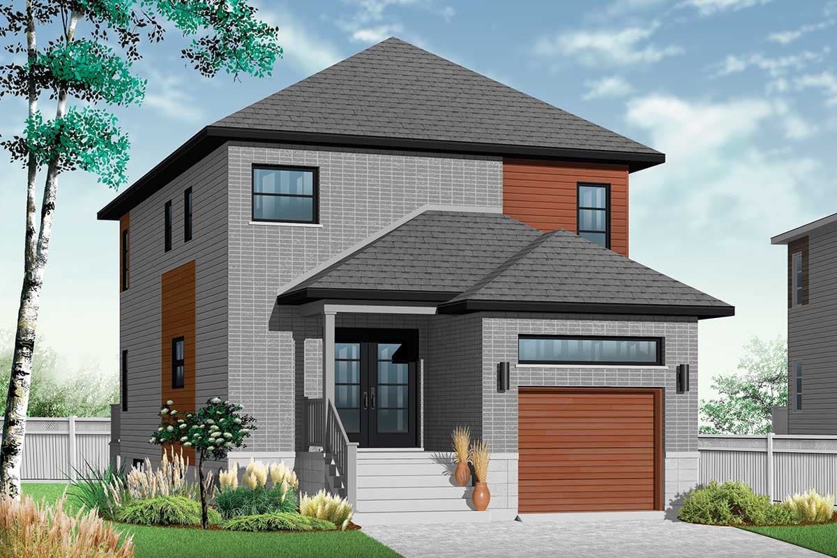 House plan exterior: two-story home with brick facade, pitched roof, covered porch with double doors, and attached garage.
