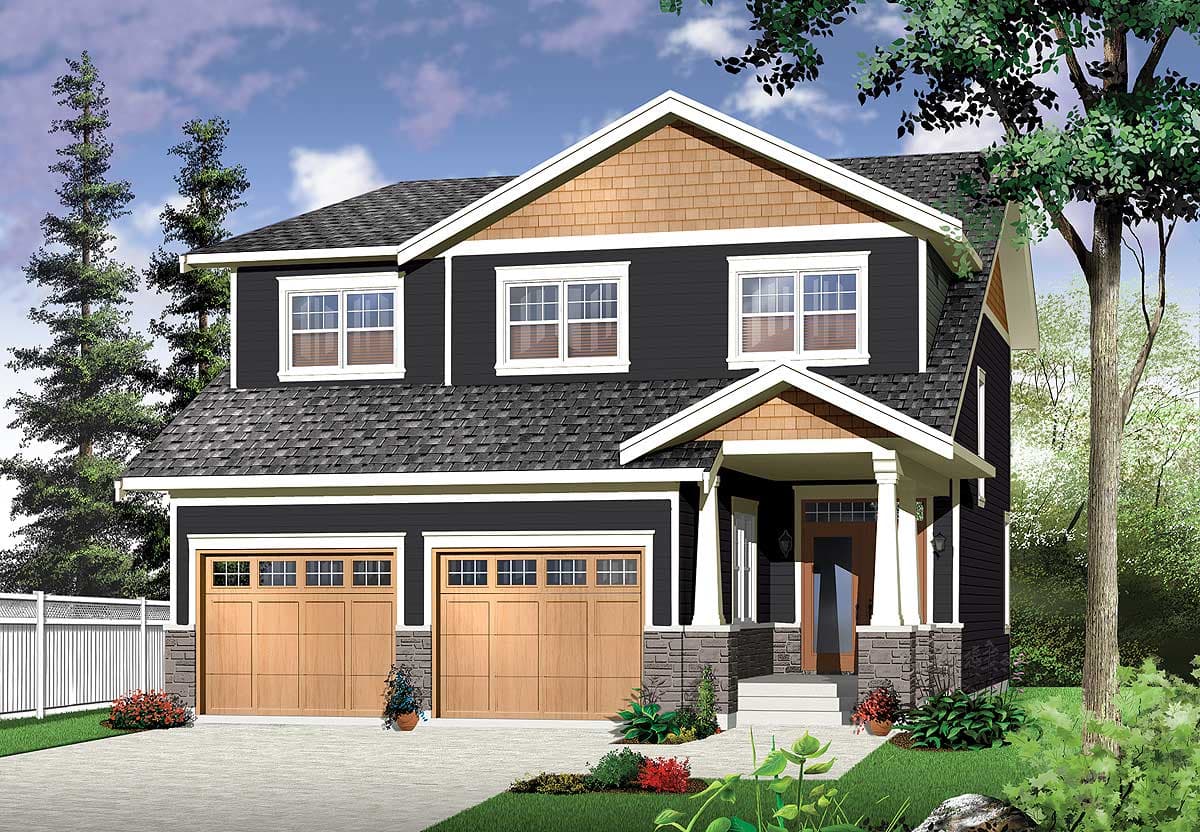 House plan exterior: two-story modern farmhouse with a gabled roof, two-car garage, and covered front porch.