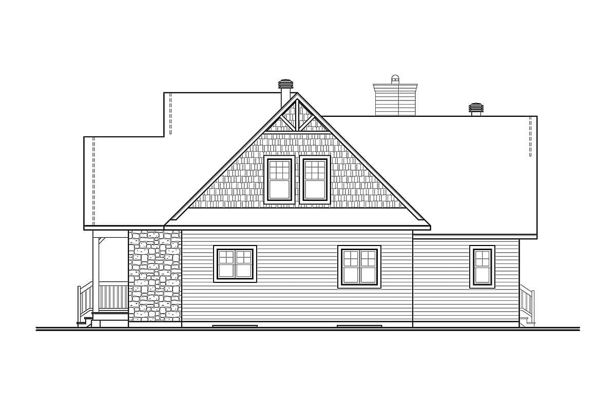 House plan exterior, side view, showing stone-clad porch, siding, gable with dormer windows, and hip roof.