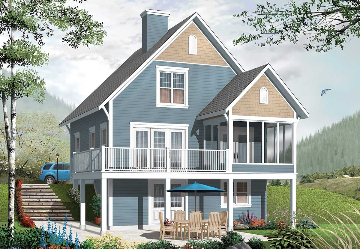 House plan exterior: Two-story blue house with white railing deck, screened porch, gable dormers, and stone steps.