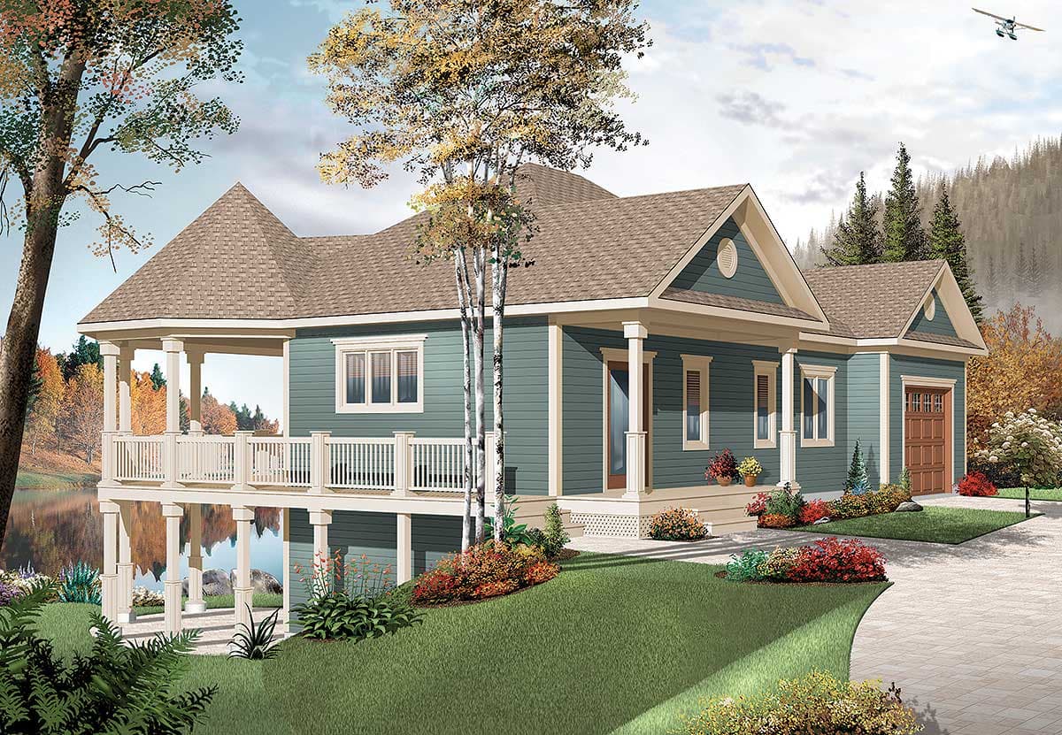 House plan exterior: single-story home with covered wrap-around porch, gabled dormer, and attached garage.