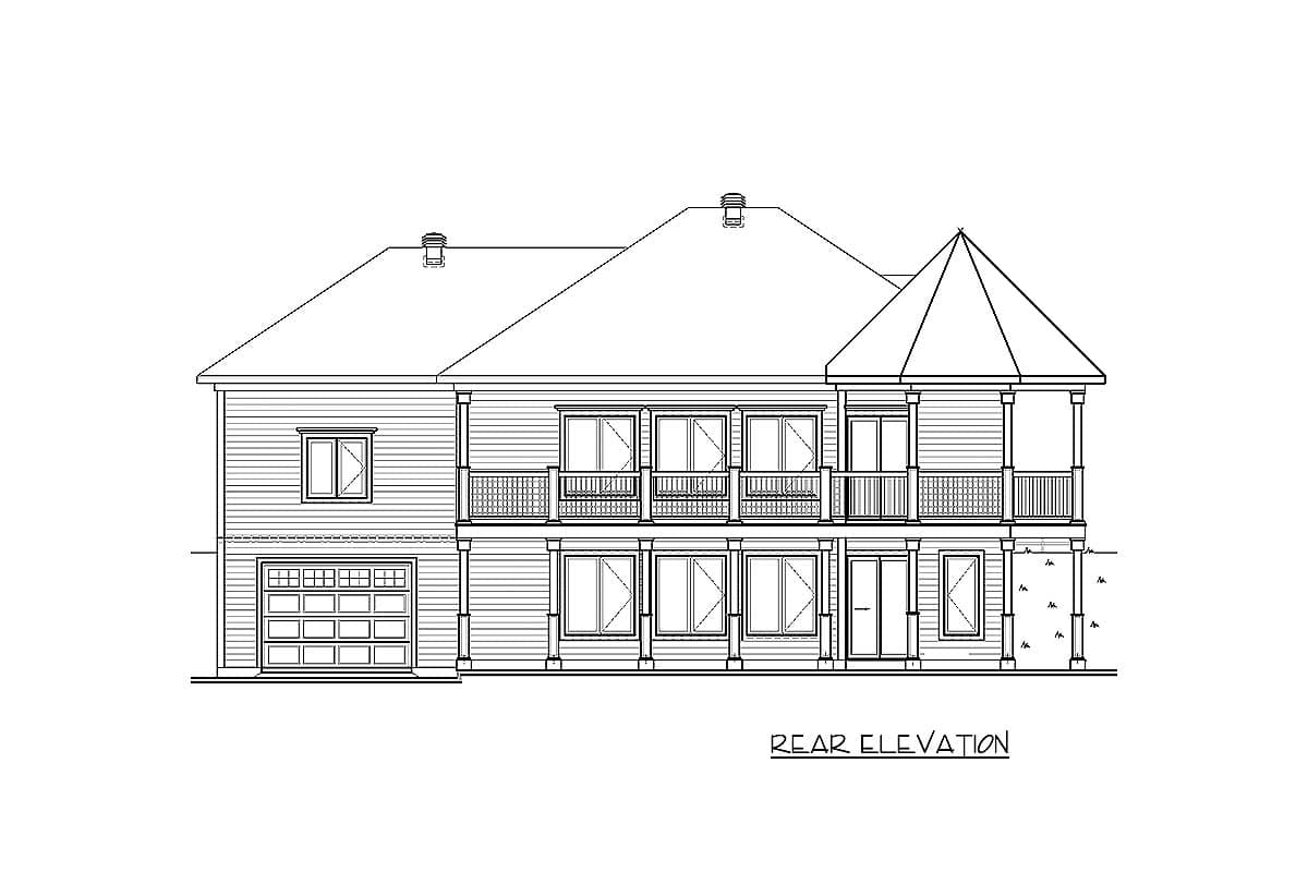 Rear elevation drawing of a two-story house plan with a two-car garage, multiple balconies, and a prominent turret.