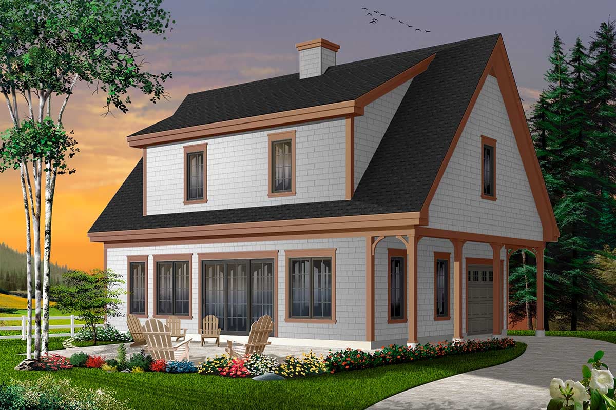 House plan exterior with a gambrel roof, dormer window, front-facing garage, and covered porch.
