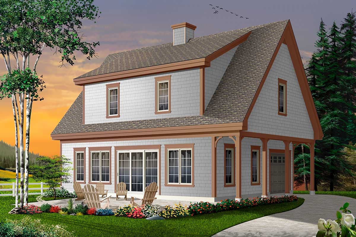 Two-story house plan exterior with gables, covered porch, and attached garage. Features shingle siding and a chimney.