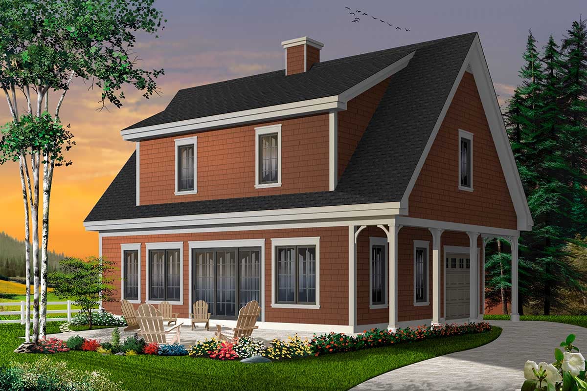 House plan exterior with two stories. Features include a gabled roof, covered porch, and garage. Clapboard siding with dark roof shingles.