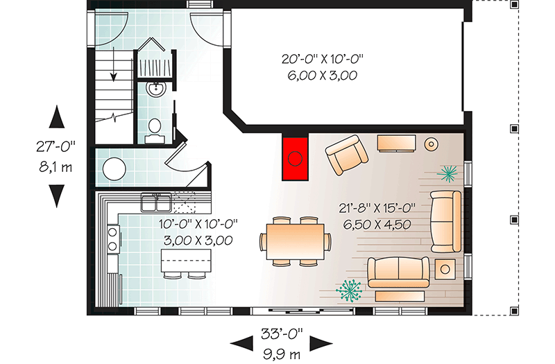 Plan 22313DR: Shed Dormered Getaway - Floor Plan - Main Level - Cape Cod, Cottage, Country, Vacation