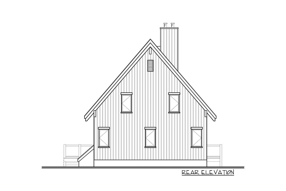 Rear elevation drawing of a two-story house plan with a prominent gable roof, central chimney, and six windows.