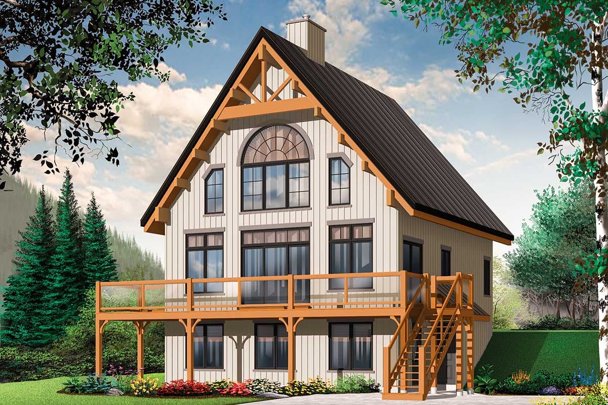 House plan exterior. Two-story, A-frame style home with a deck, a large arched window, and a shed-roof stairwell.