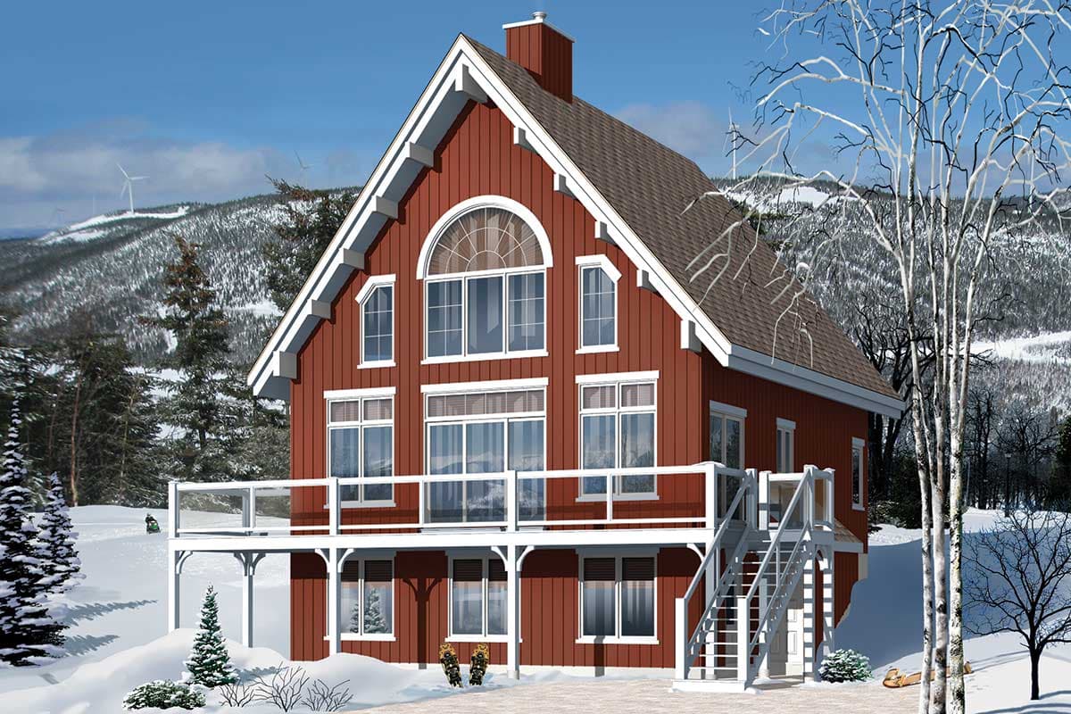 House plan exterior: Tall red house with large front windows, arched window, and wraparound deck.