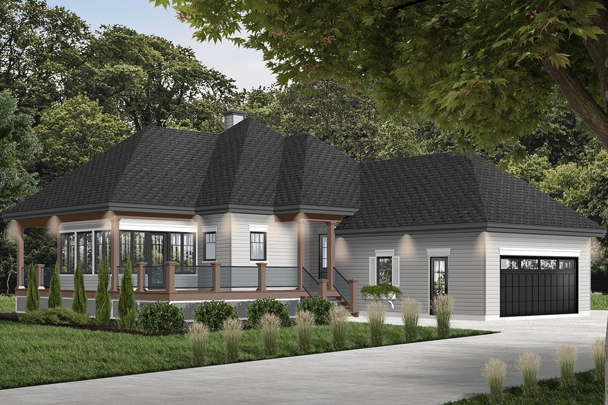 House plan exterior with gable roof, porch with columns, and attached garage. Includes large windows and a covered porch.