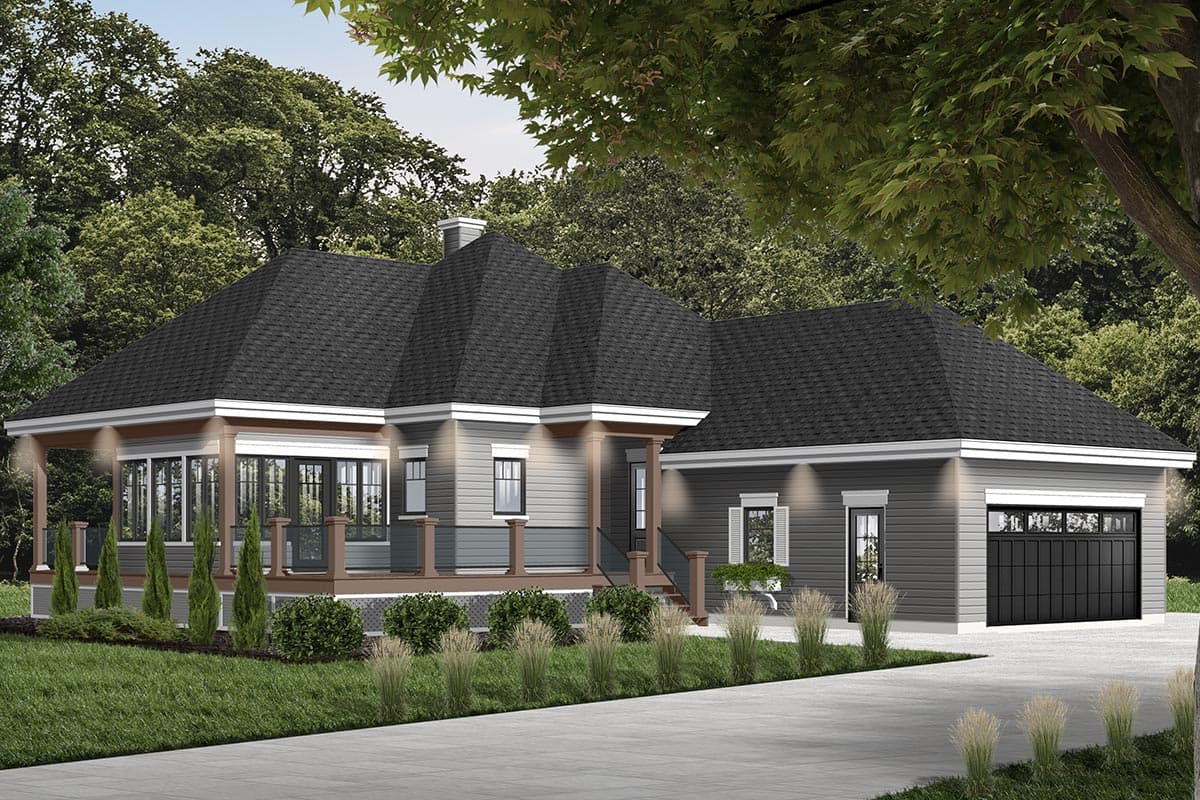 House plan exterior: One-story Modern Farmhouse with wrap-around porch, multiple gables, and attached two-car garage.