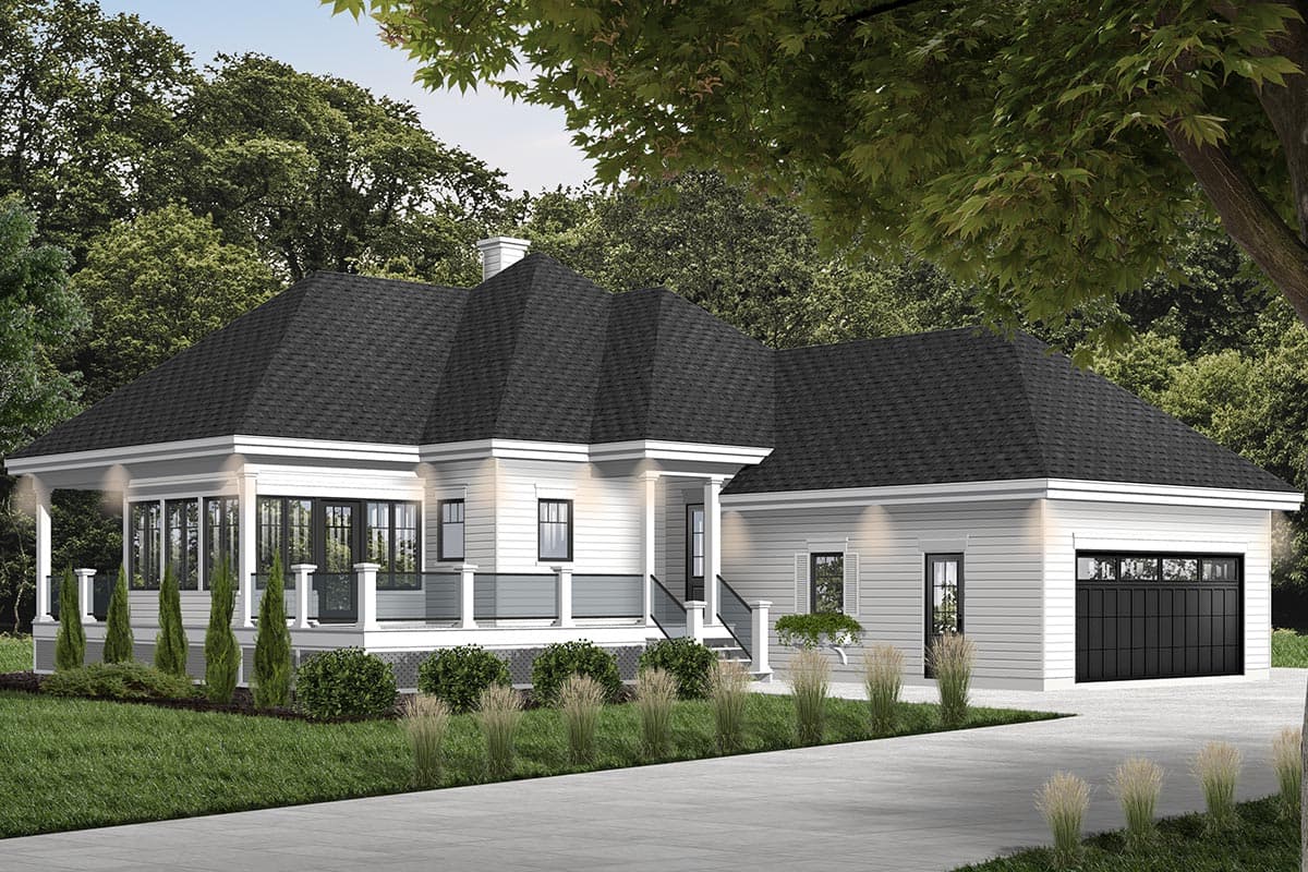 House plan exterior: One-story Modern Farmhouse with wrap-around porch, gables, and a two-car garage.