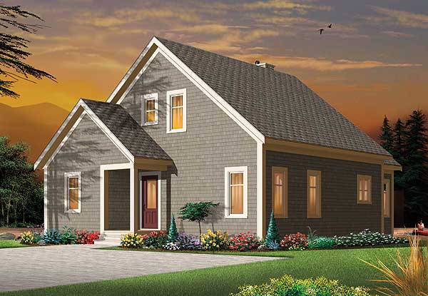 House plan exterior: A two-story home with a prominent gable, covered entry, and shingle siding.