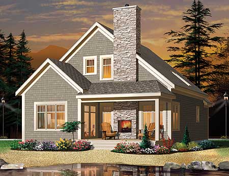 House plan exterior: Two-story Modern Farmhouse with gables, stone chimney, and covered porch with fireplace.