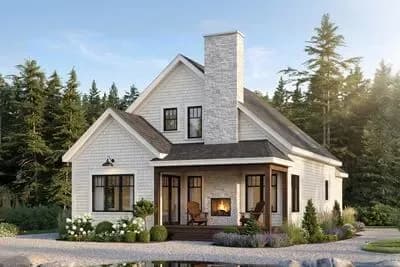 Country Cottage Home Pan with an Outdoor Fireplace