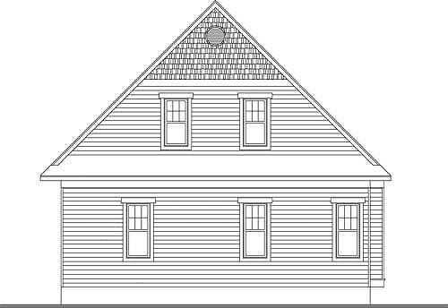House plan front elevation drawing showing a two-story structure with gabled roof, dormer windows, and shingled gable.