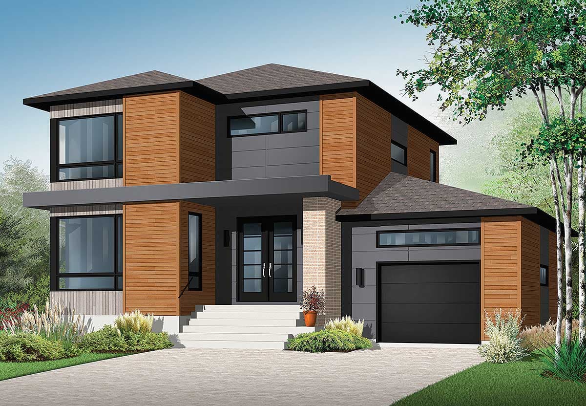 Modern two-story house plan exterior with wood siding, large windows, a covered porch, and an attached garage.