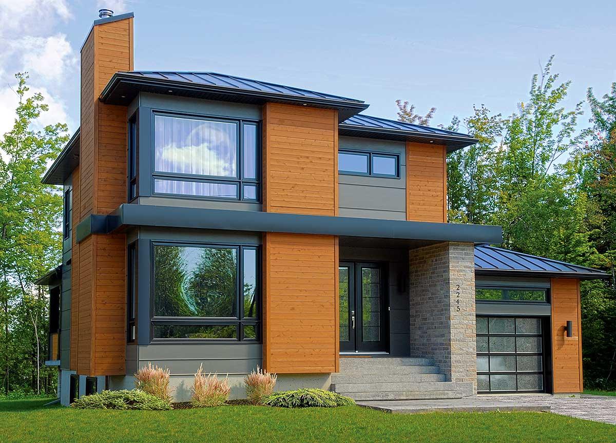 Modern two-story house plan exterior with wood siding, large windows, a prominent chimney, and a glass garage door.