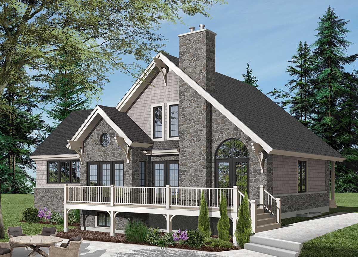 House plan exterior: Stone and shingle facade, multi-story home with gables, large stone chimney, and wrap-around deck.