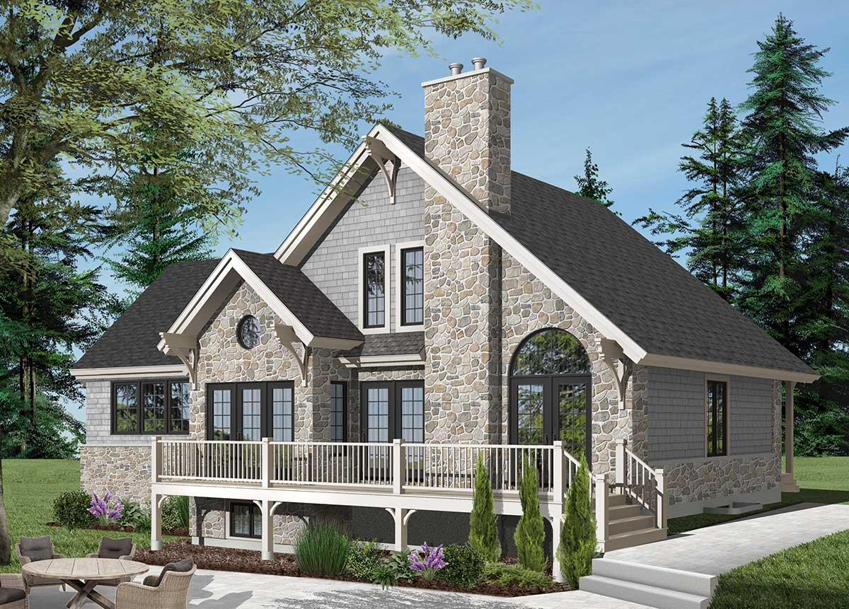 House plan exterior. Two-story home with stone and shingle siding, a deck with railing, and a stone chimney. Features gables and arched window.
