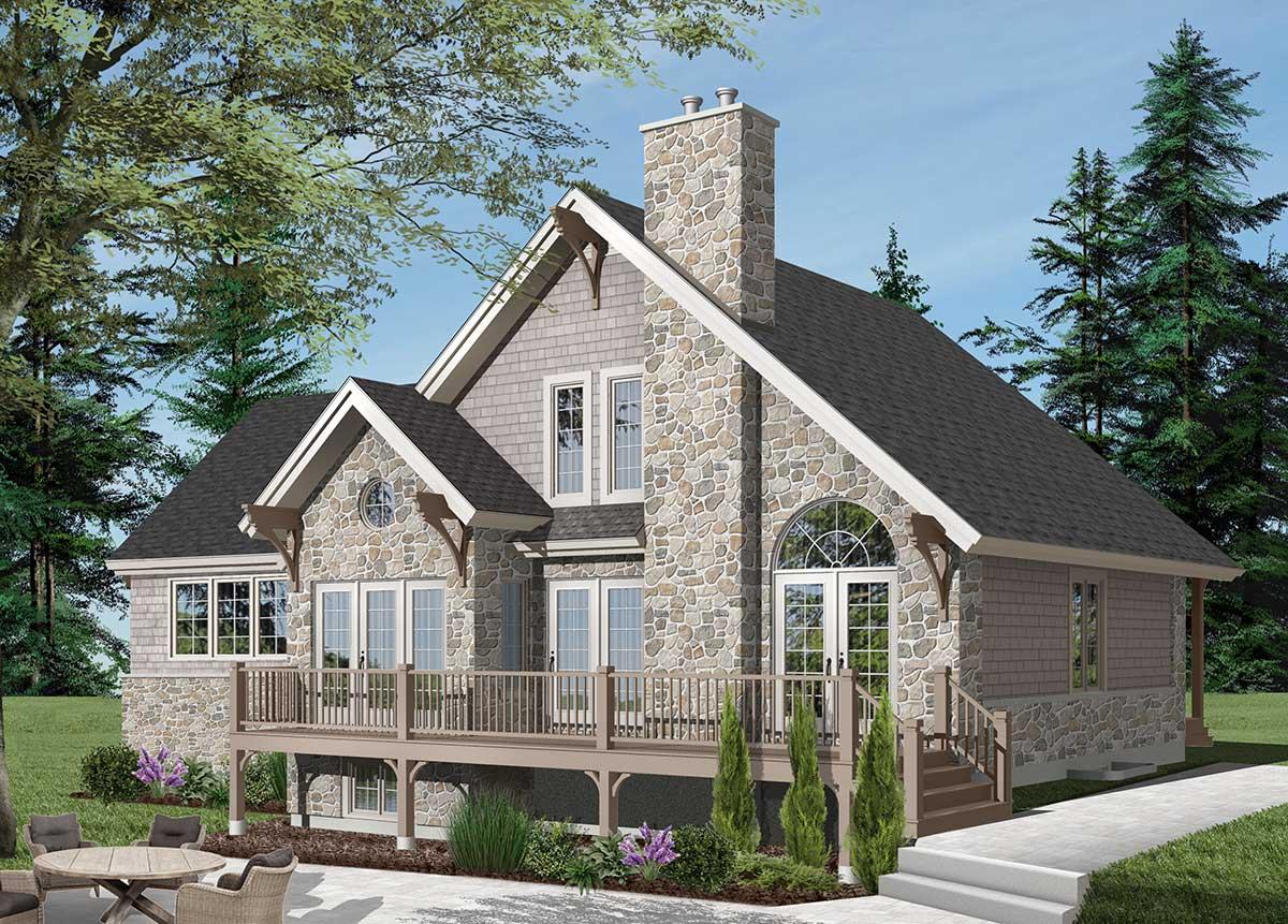 House plan exterior: two-story stone and shingle design with large deck, prominent stone chimney, gables, and arched entry.