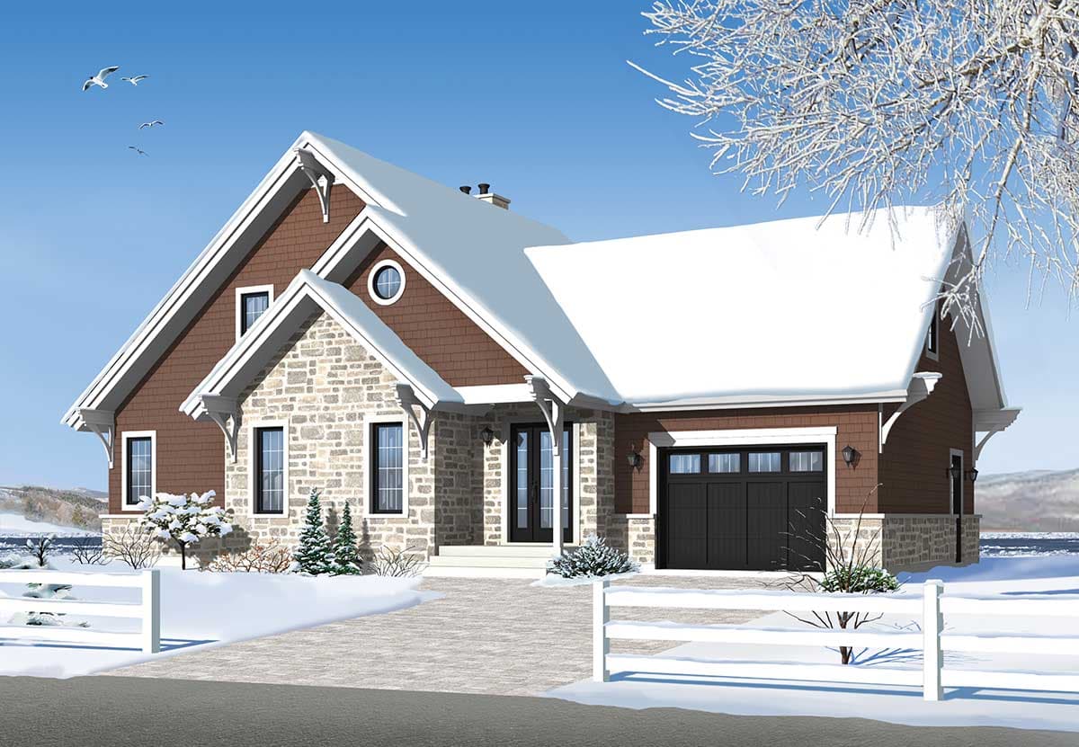 House plan exterior featuring stone and shingle siding, a covered front porch, and a side-entry garage.