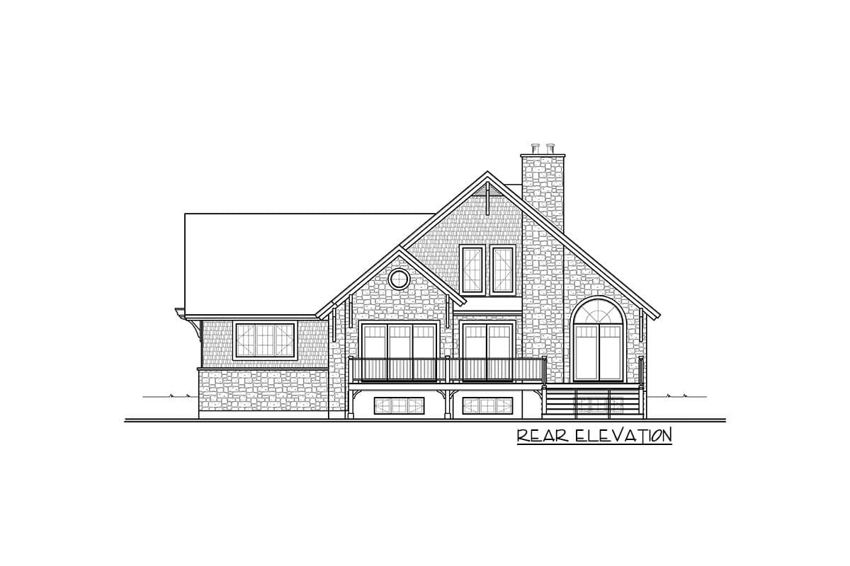 Rear elevation drawing of a house with stone and shingle siding, featuring multiple gables, a large chimney, and a second-story balcony.